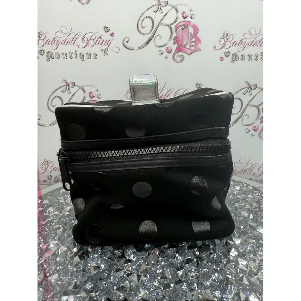 PINK Victoria's Secret makeup bag Black and Silver Polka Dot Cosmetic Pouch